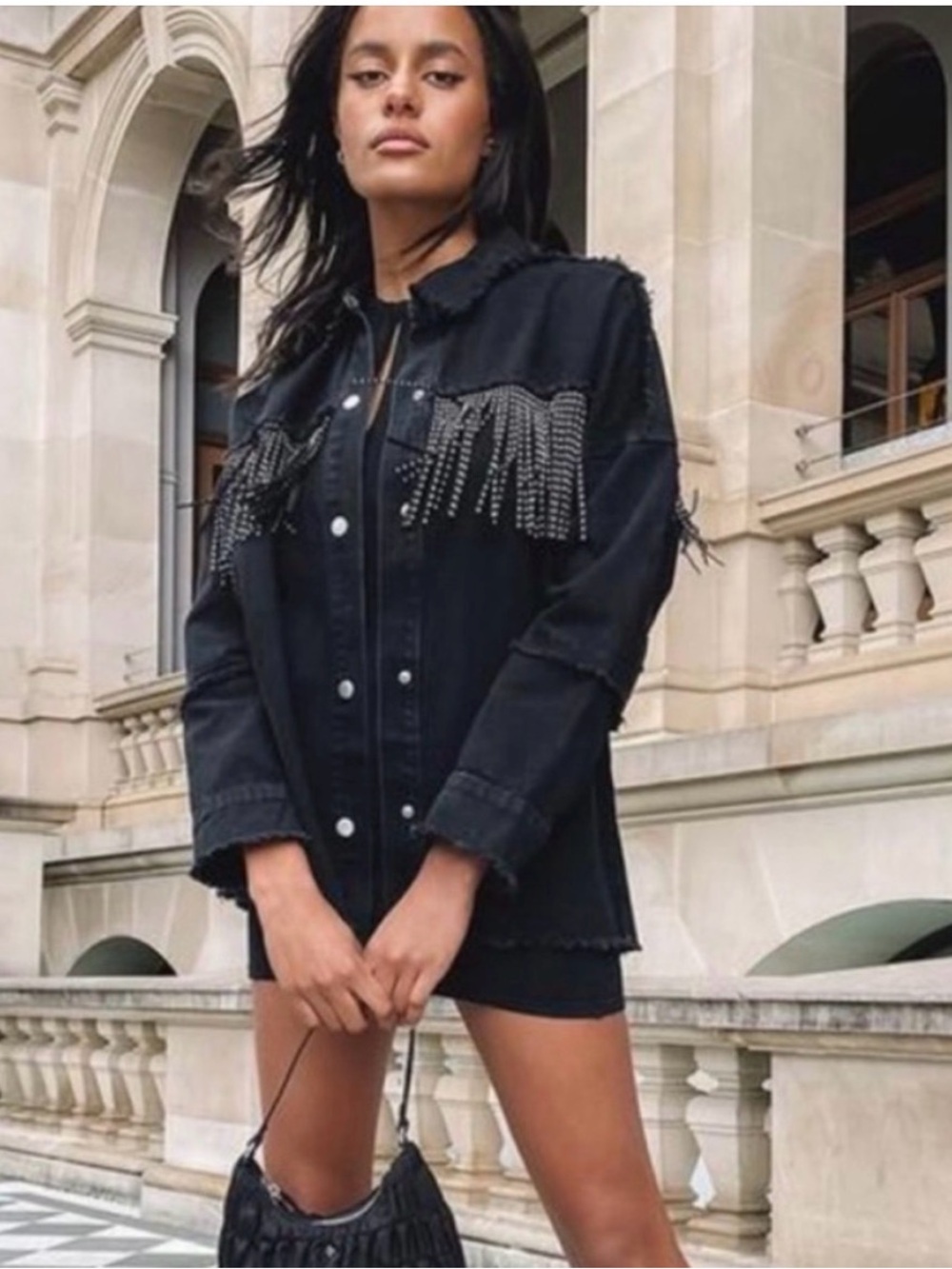The style between us black fringe rhinestones western Cowgirl shacket size L